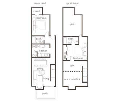A diagram of a two level apartment with the lower level including a patio, kitchen, dining room and living room and the upper level including an attic, two bedrooms and a loft.